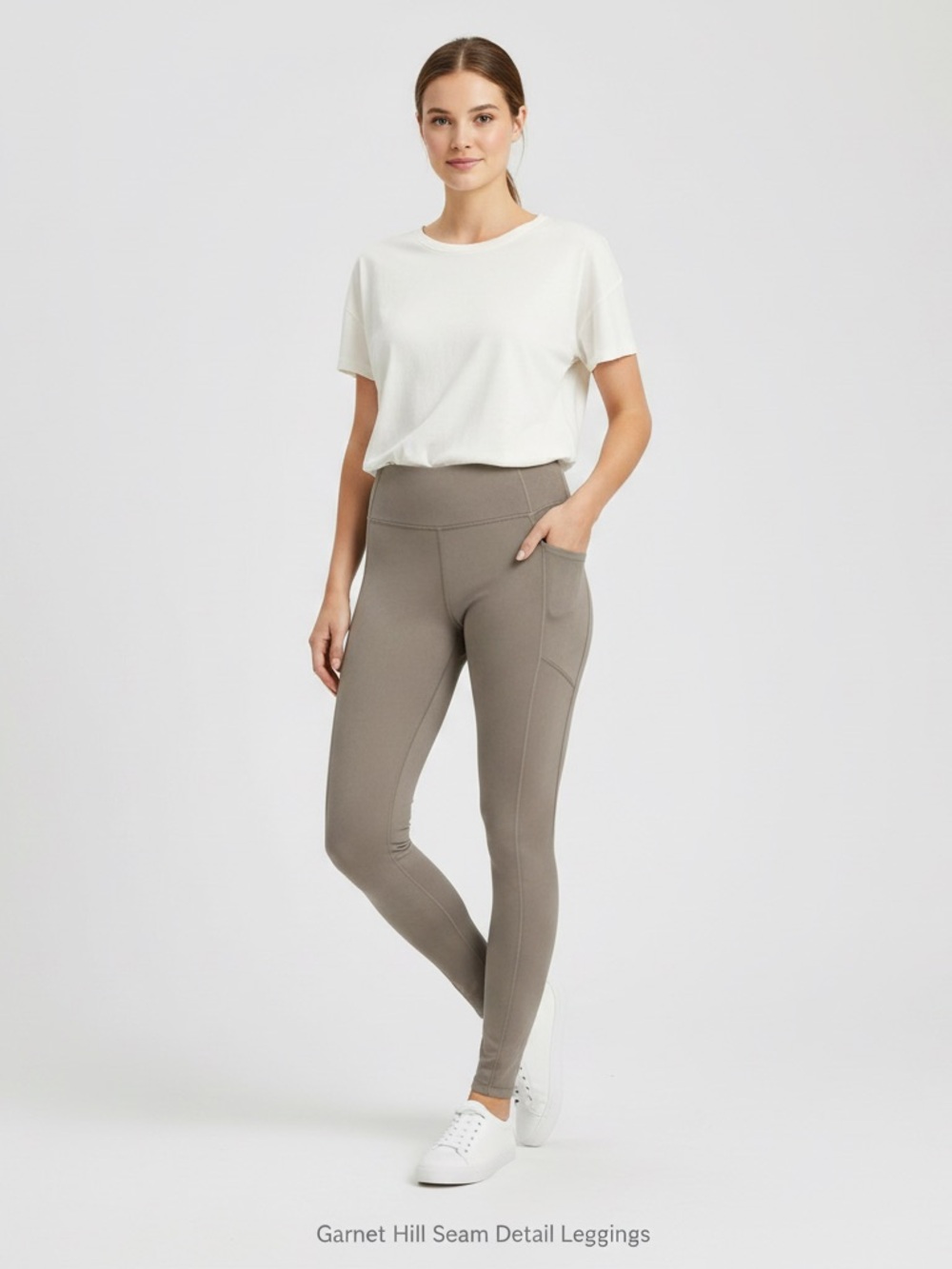 Garnet Hill Women's Seam Detail High Waist Pocket Leggings Taupe M